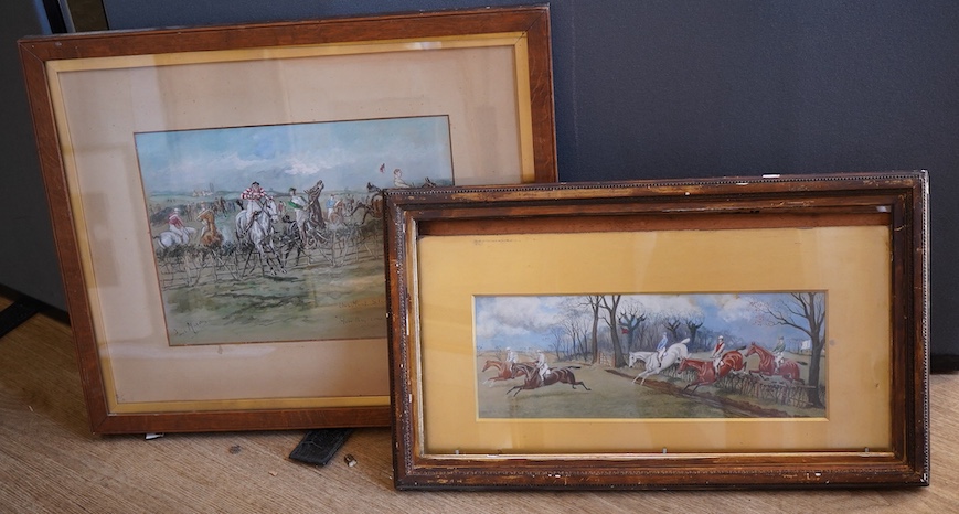 George Finch Mason (1850-1915), ‘Hunt Steeplechase, The Preliminary Hurdle’, signed and inscribed, watercolour, together with a similar watercolour by an unknown hand, largest 26 x 36cm